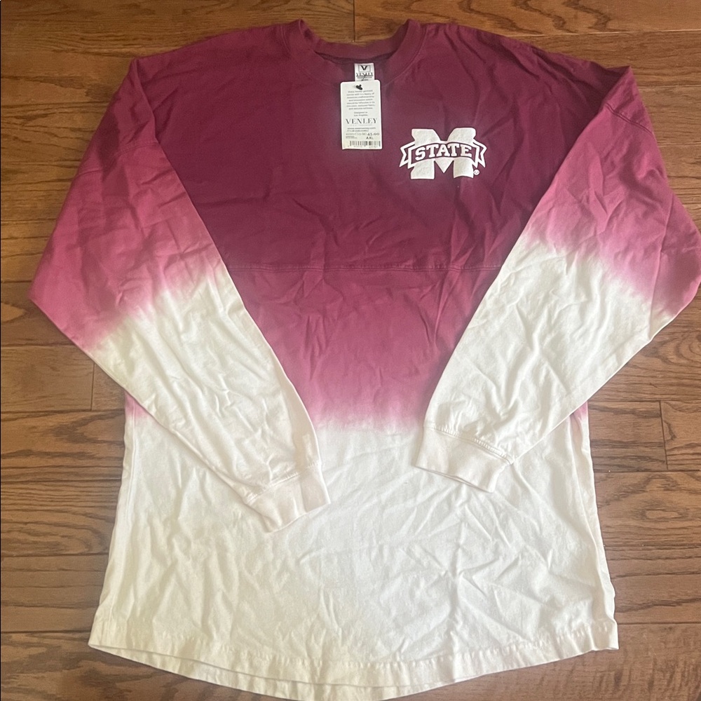 Burgundy and White Long Sleeve Shirt with Logo Mississippi State